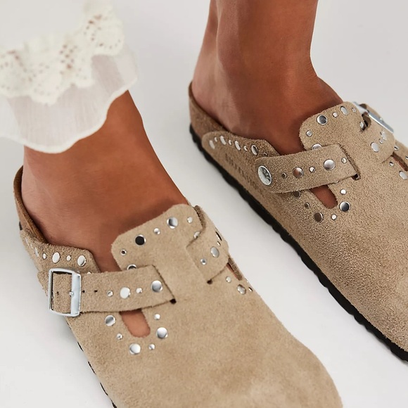 Birkenstock Shoes - Birkenstock Beige Suede Studded Mules